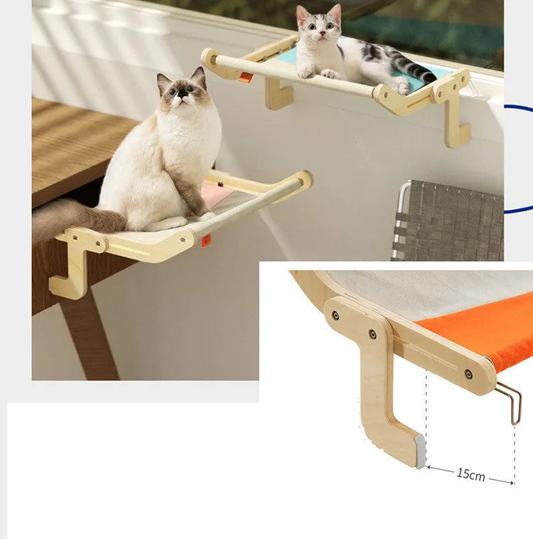 Cat hanging bed with wooden frame in grey powder colour, size 470x395x215mm