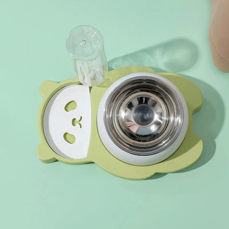 Grey elevated pet bowl set with automatic water bottle and panda design for cats and small dogs