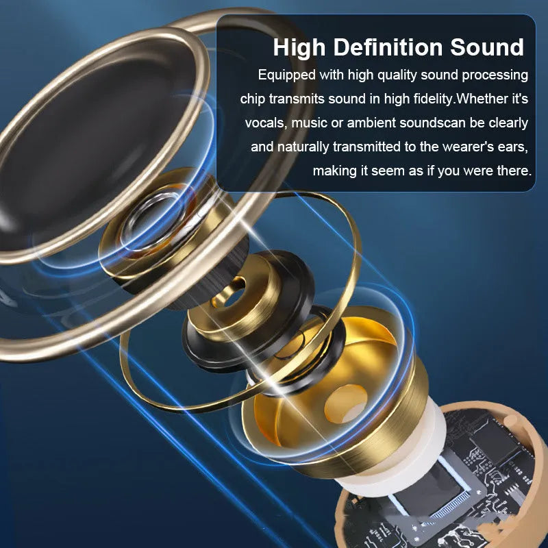 Red blue rechargeable hearing aid with digital display, over ear design, USB charging, 12+ hour battery