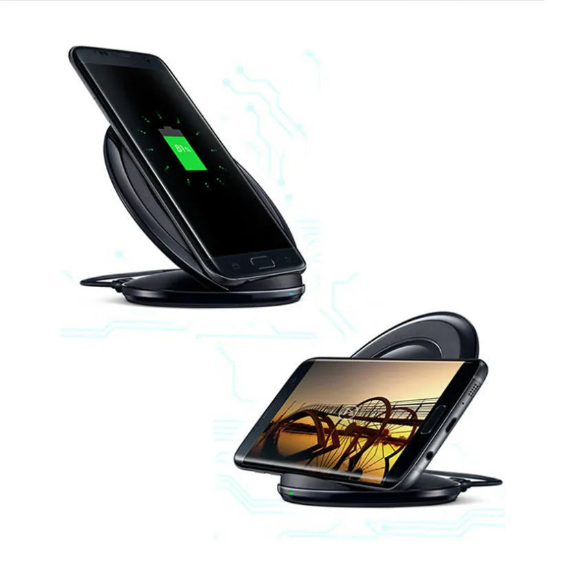 Black wireless charging pad for Galaxy Note Edge smartphone with Qi fast charging capability
