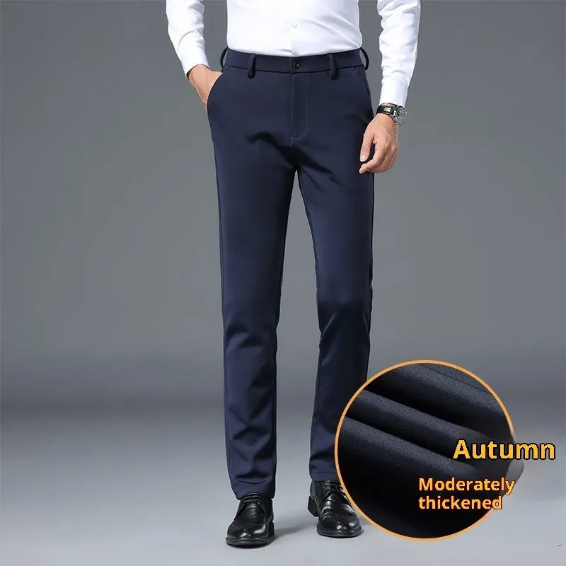 Men's slim fit stretch casual trousers in black polyester fiber with straight leg design and elastic waistband