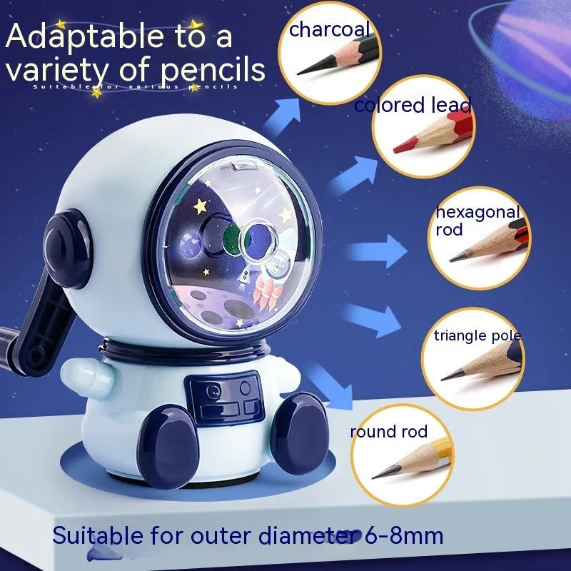 Blue cartoon astronaut manual pencil sharpener with anti-lead feature and adjustable levels