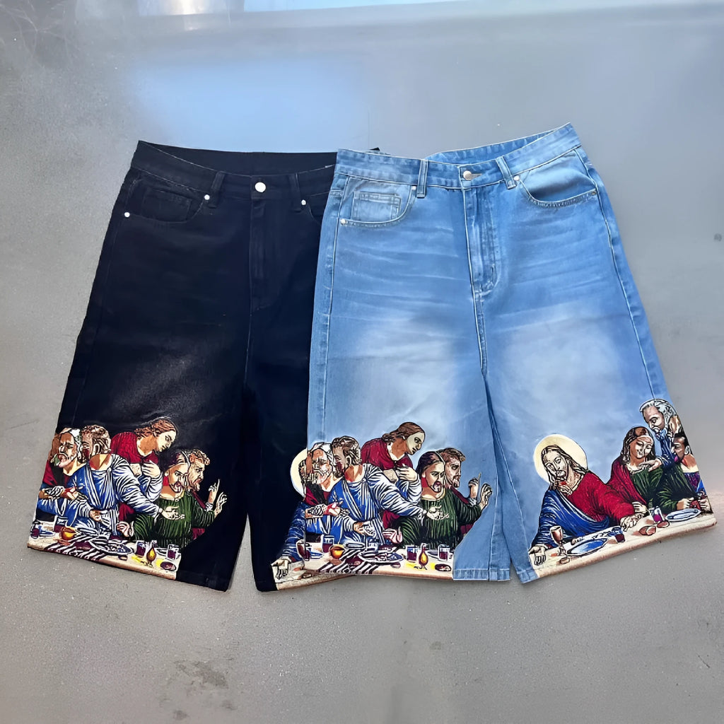 Men's blue cotton shorts with Jesus print on back pocket showing tapered fit design