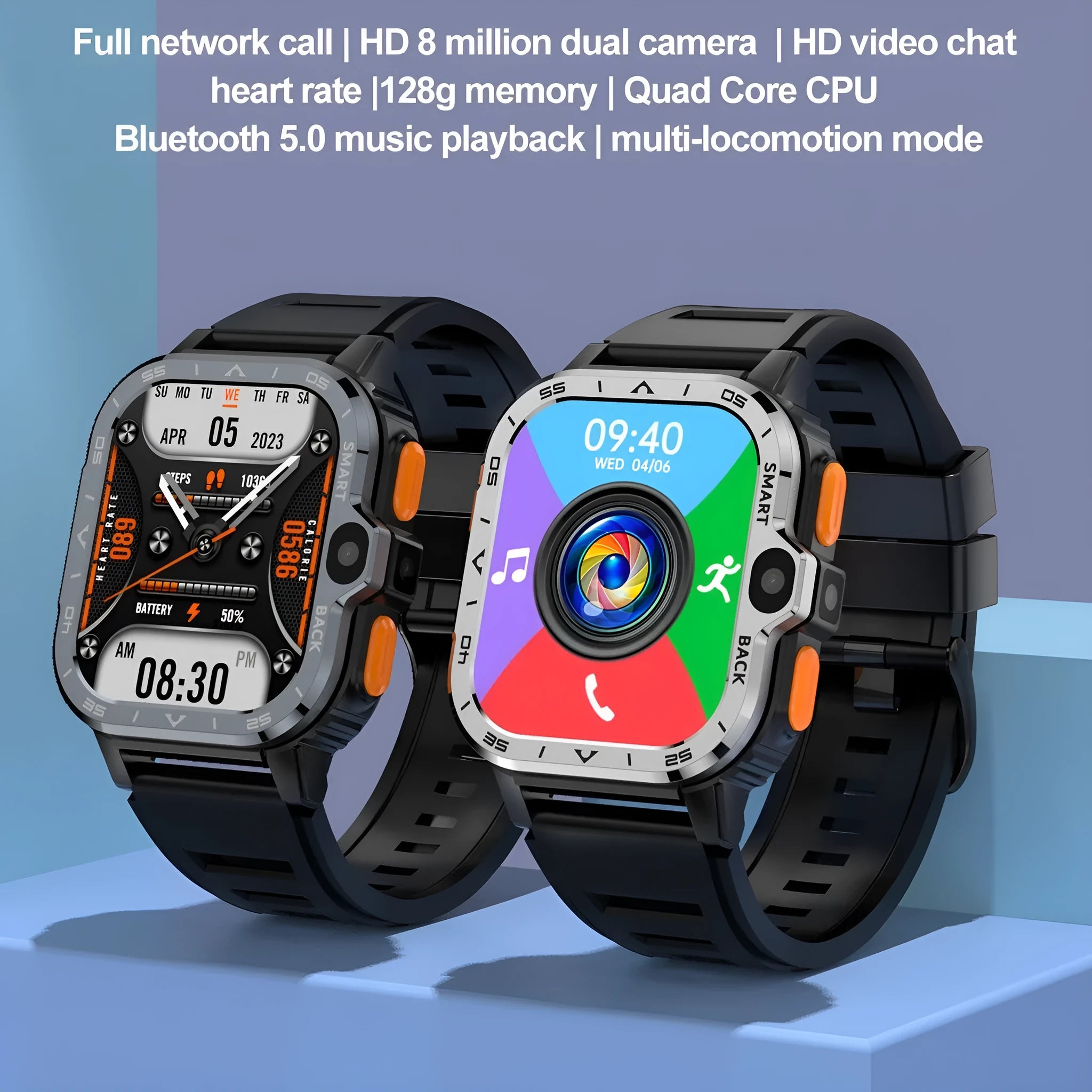 Black and silver student smartwatch with touch screen showing interface for Bluetooth calling and heart rate monitoring
