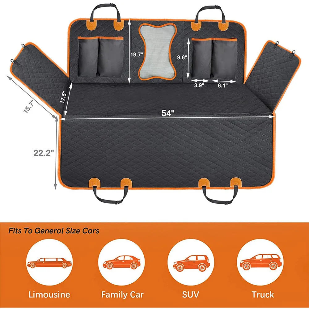 Black and orange waterproof dog car seat cover mat on a vehicle rear seat.