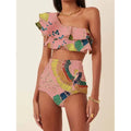 Women's printed bikini with oblique shoulder straps and high-waist briefs in multiple colours