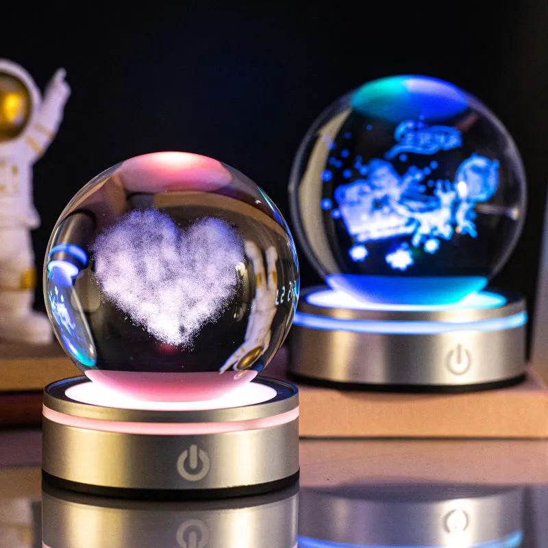 3D inner carving luminous crystal ball night lamp, 8cm white crystal, USB touch base
