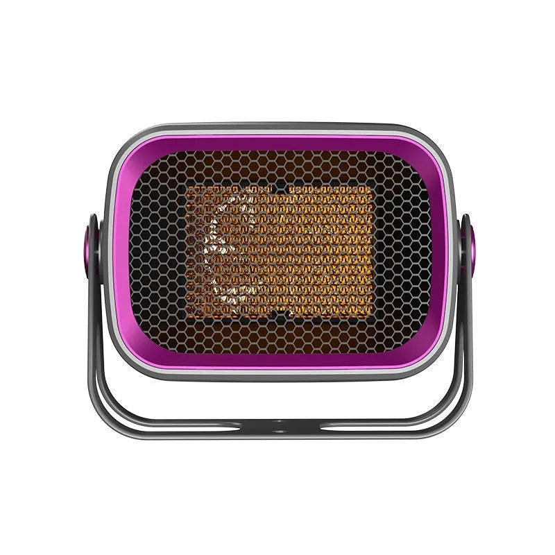 A compact grey desktop electric heater with a rotatable base on a table.