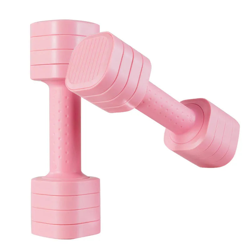 Set of two pink 5lb detachable dumbbells made of ABS plastic for women's fitness.