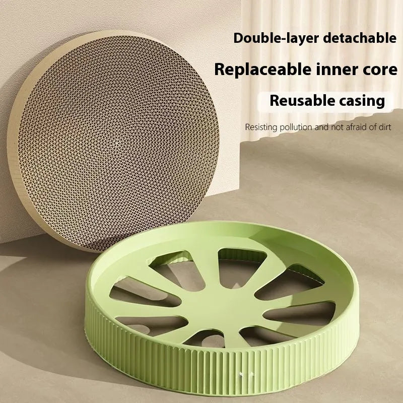 Round green cat scratching board with corrugated cardboard surface, 55cm diameter
