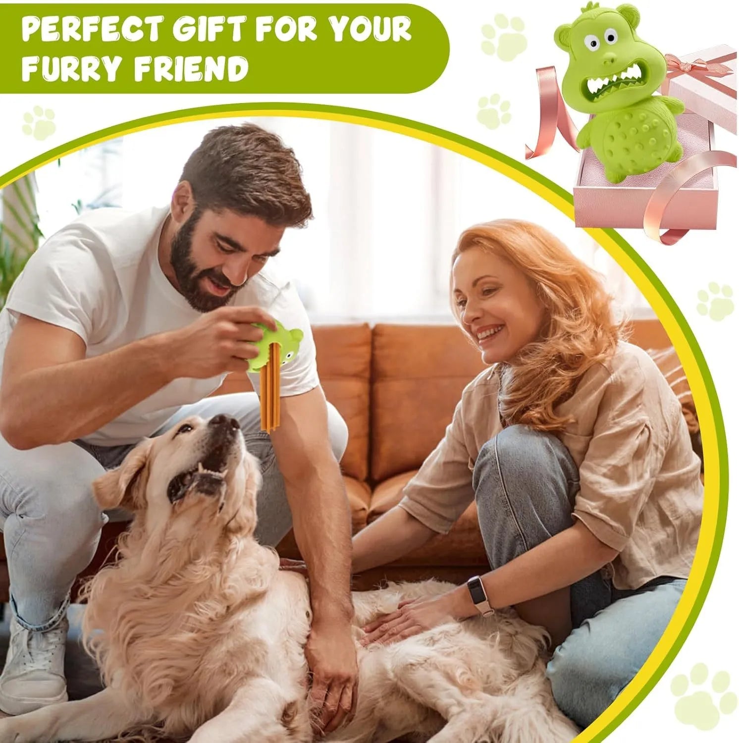 Green and yellow natural rubber squeaky dog toy with treat-fillable hole.