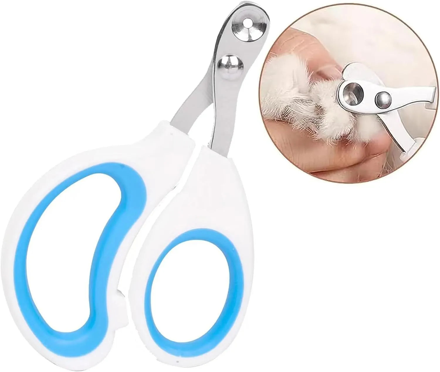 Blue pet nail clippers with a circular safety hole and non-slip handle on a white background.