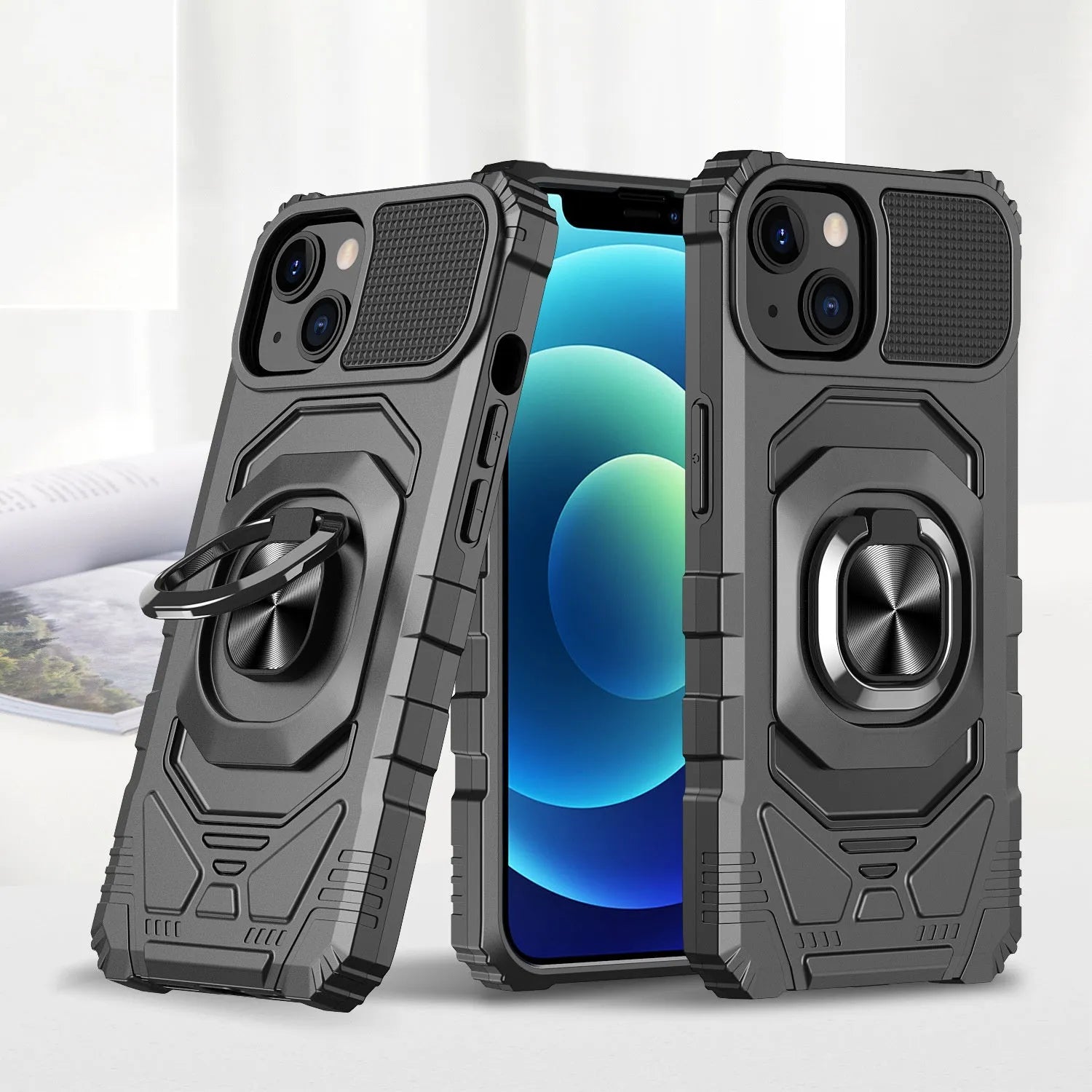 Magnetic ring car phone case with 2-in-1 TPU PC shockproof design for iPhone in graphite black