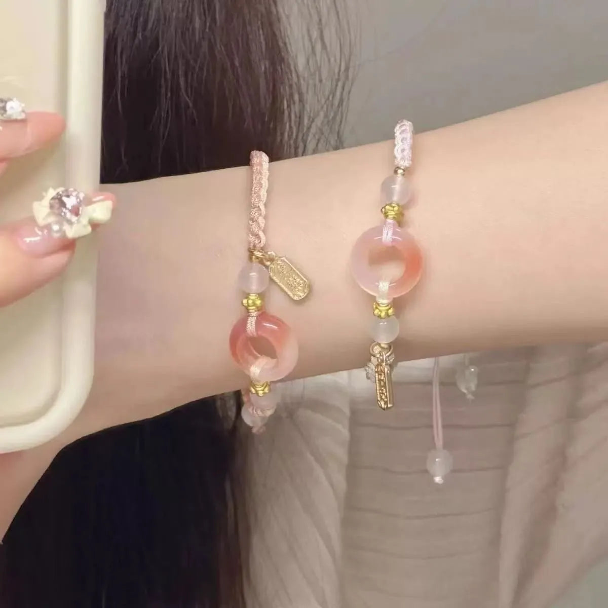 DIY woven watch band with national style minority design featuring peach blossom pattern in black, green and pink colour options