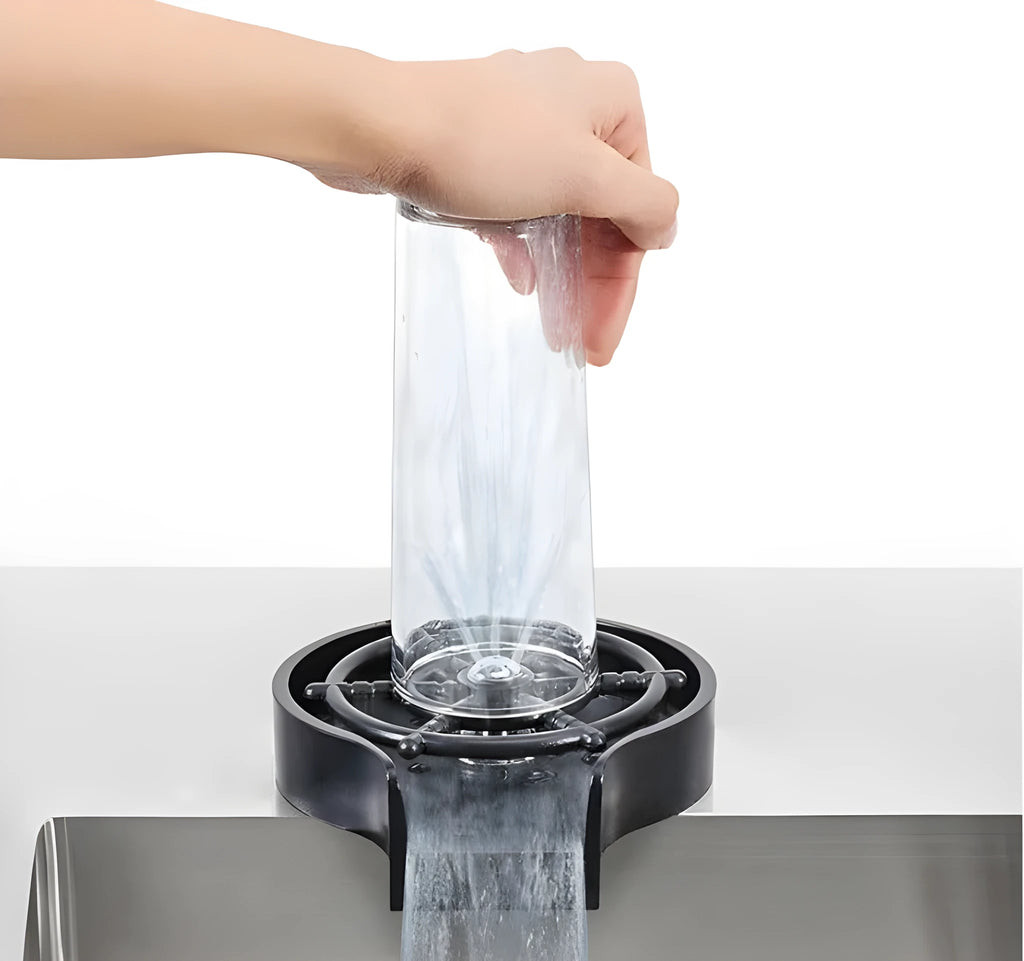 Black high pressure automatic stainless steel glass washer with ABS base and copper hose on a counter.