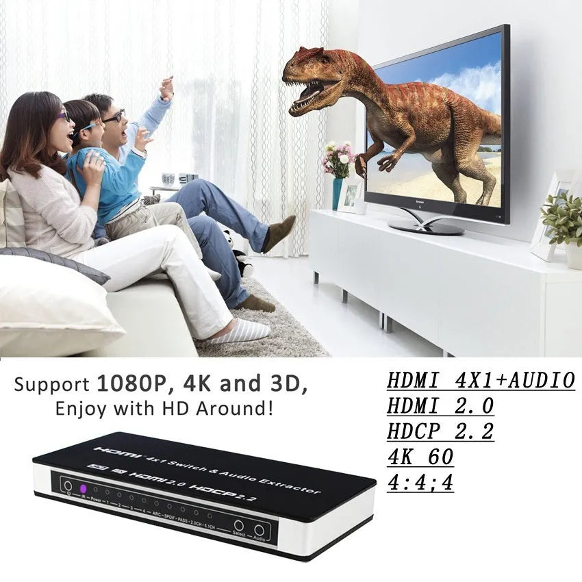 Black 4-port HDMI audio video switch with remote control and 10-metre HDMI cable