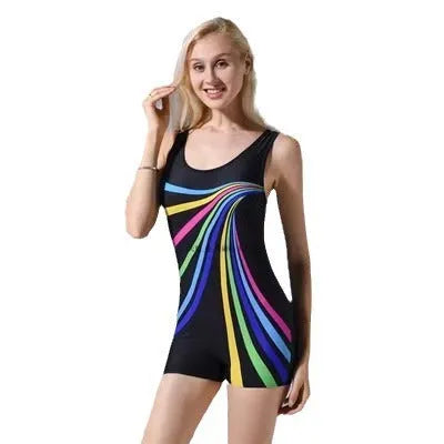 Women's black and blue quick-dry one-piece swimsuit for swimming.