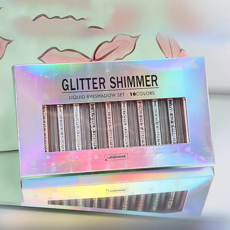 Diamond Shine Liquid Eye Shadow 10 colour set in a compact box with shimmering pearl finish