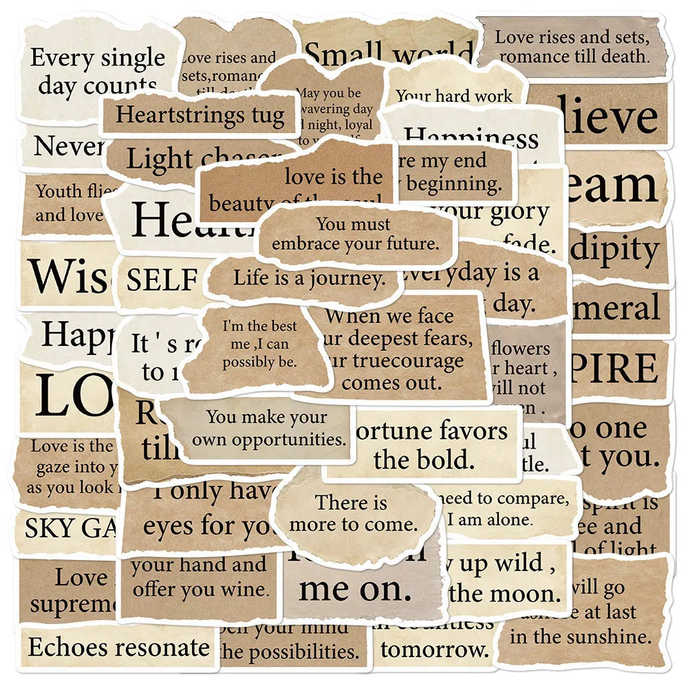 Set of 25 reusable PVC decorative stickers with torn English text design, each between 4 and 7 cm.