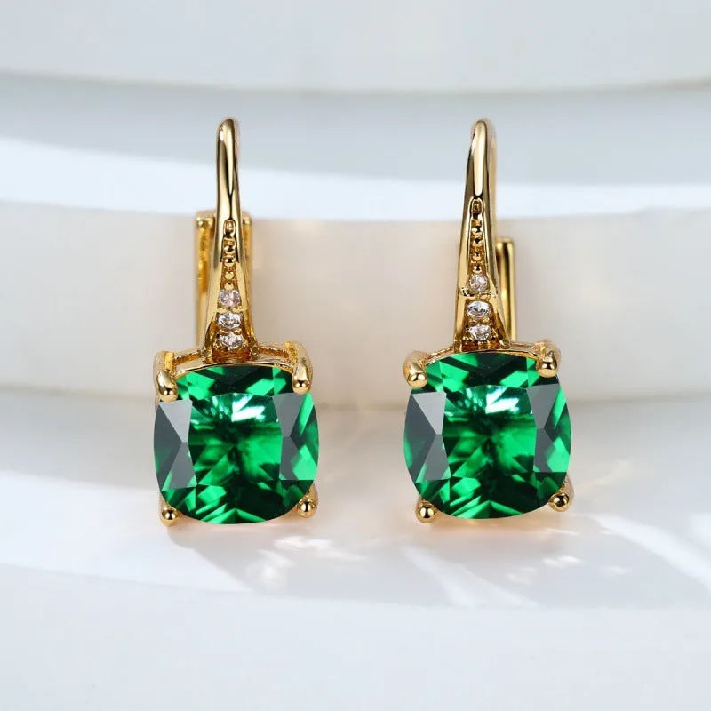 Geometric ear clips with square colourful moissanite inlays and electroplated gold finish