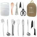 Portable picnic kitchenware storage bag containing 12-piece stainless steel cutlery set in khaki colour