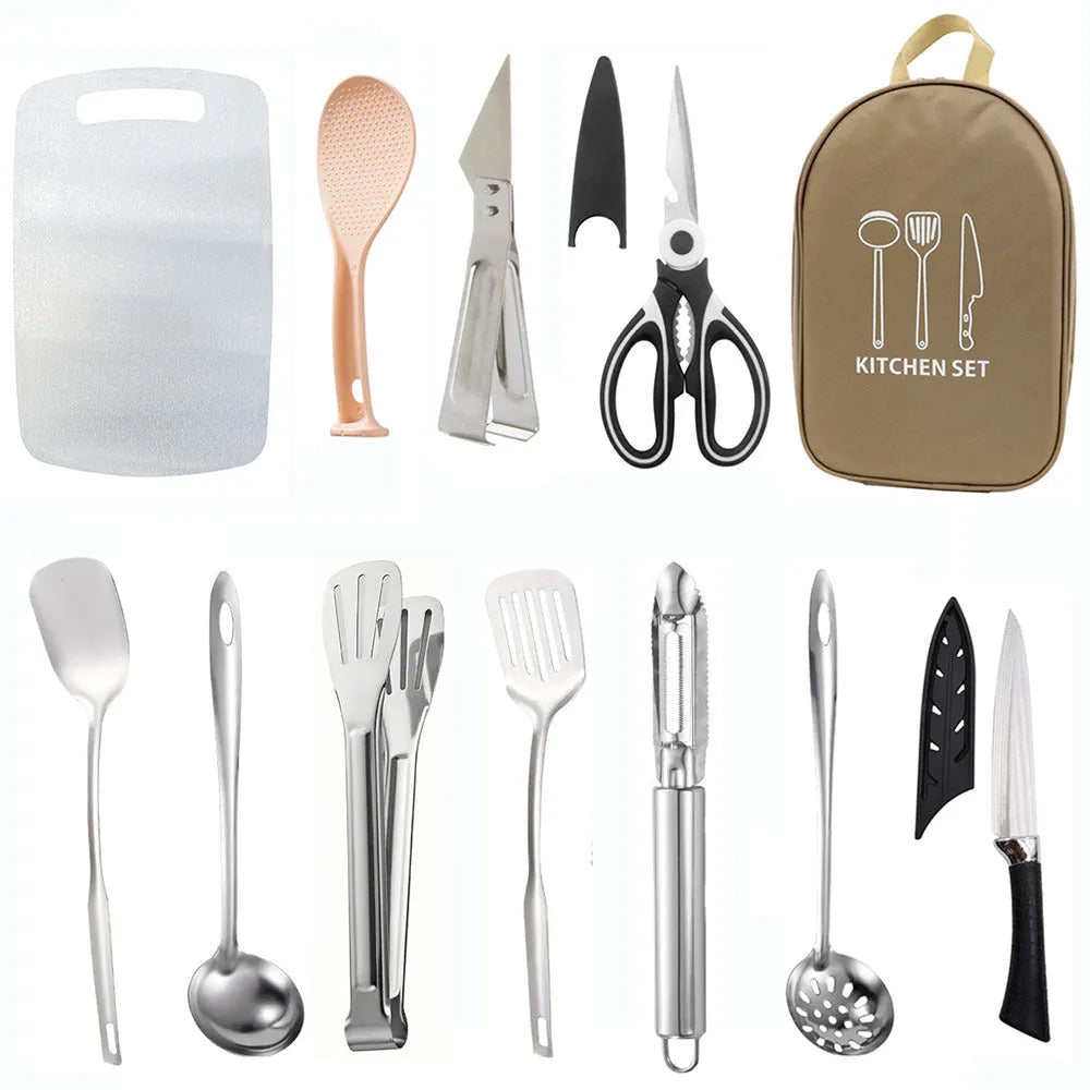 Portable picnic kitchenware storage bag containing 12-piece stainless steel cutlery set in khaki colour