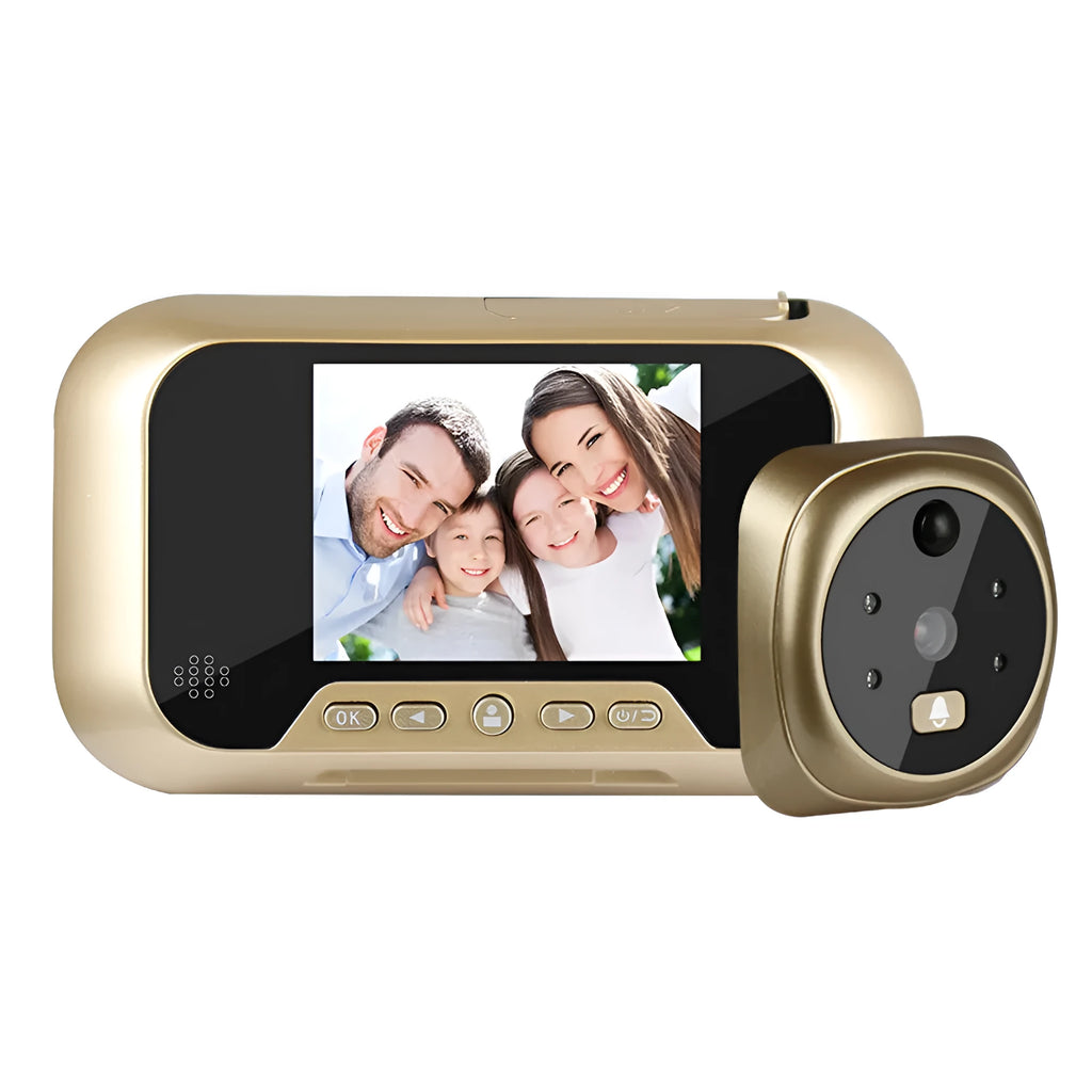 Gold video doorbell with 2.8-inch TFT screen showing infrared night vision mode on a wooden door