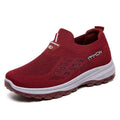 Women's flyknit slip-on casual shoes with mesh upper and PVC sole, shown in black, red, grey, and purple.
