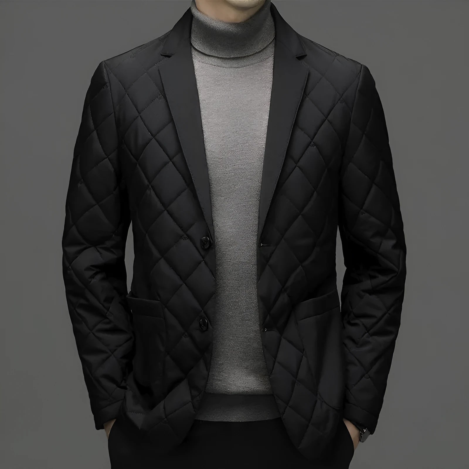 Men's solid colour thick down winter jacket with lapel and side seam pockets.
