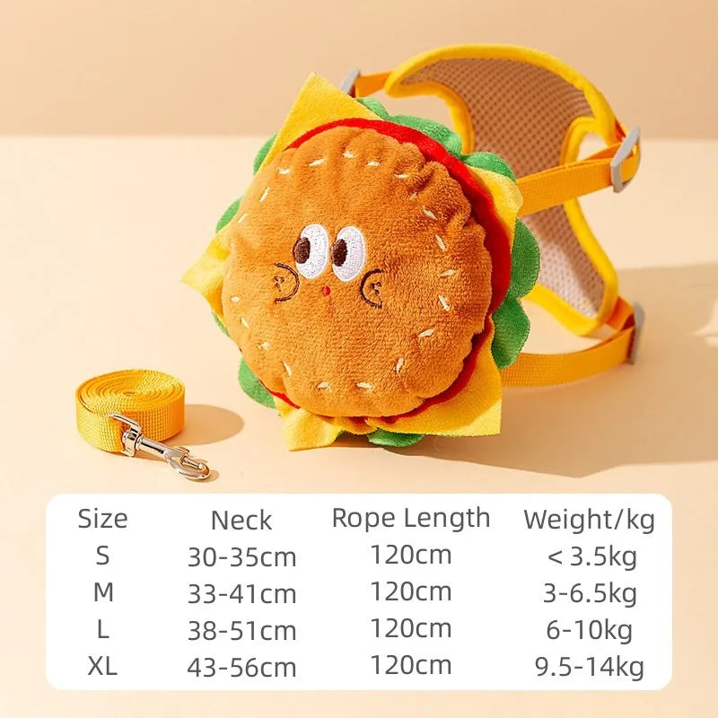 Cartoon hamburger chips design adjustable vest leash for pets with backpack and escape-proof feature
