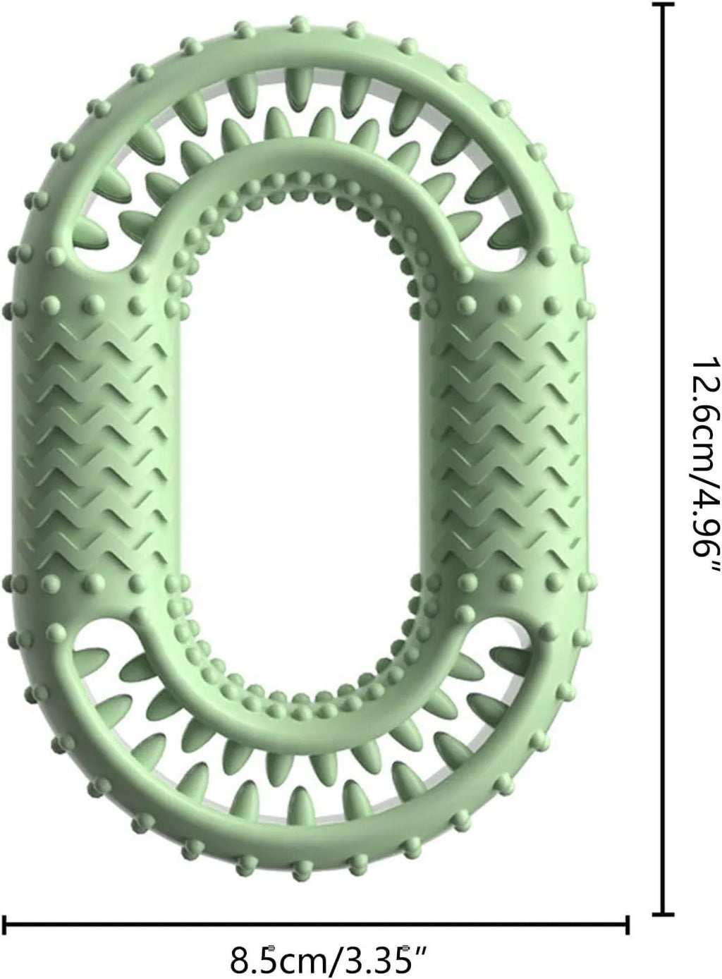Blue, green, and pink O-ring shaped heavy chew resistant dog toy for aggressive chewers.