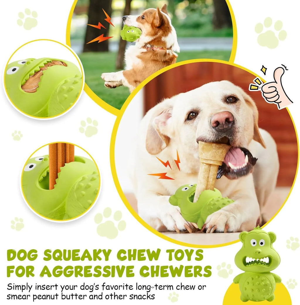 Green and yellow natural rubber squeaky dog toy with treat-fillable hole.