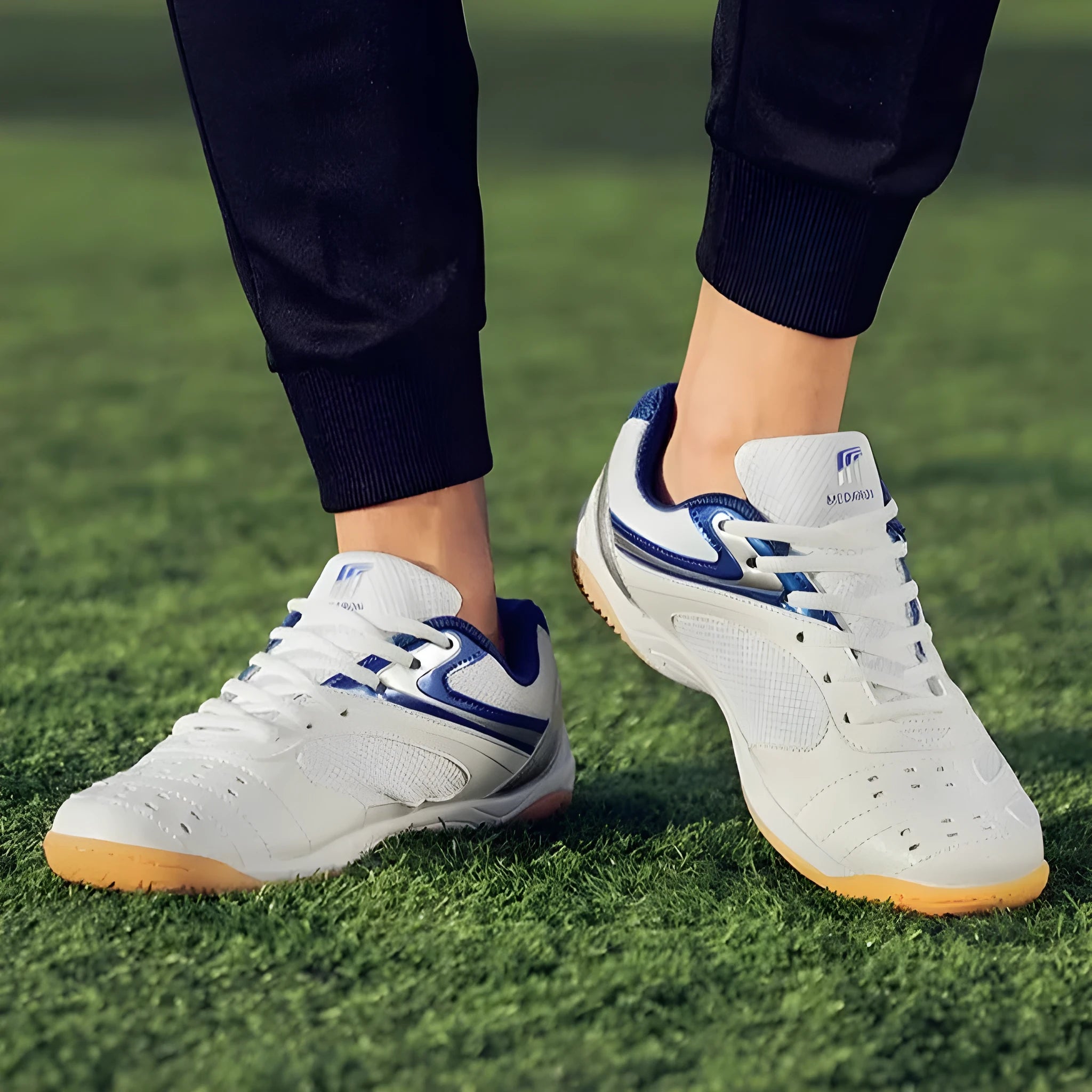 White table tennis sneakers with red accents, showing mesh panels, lace-up front, and rubber outsole.