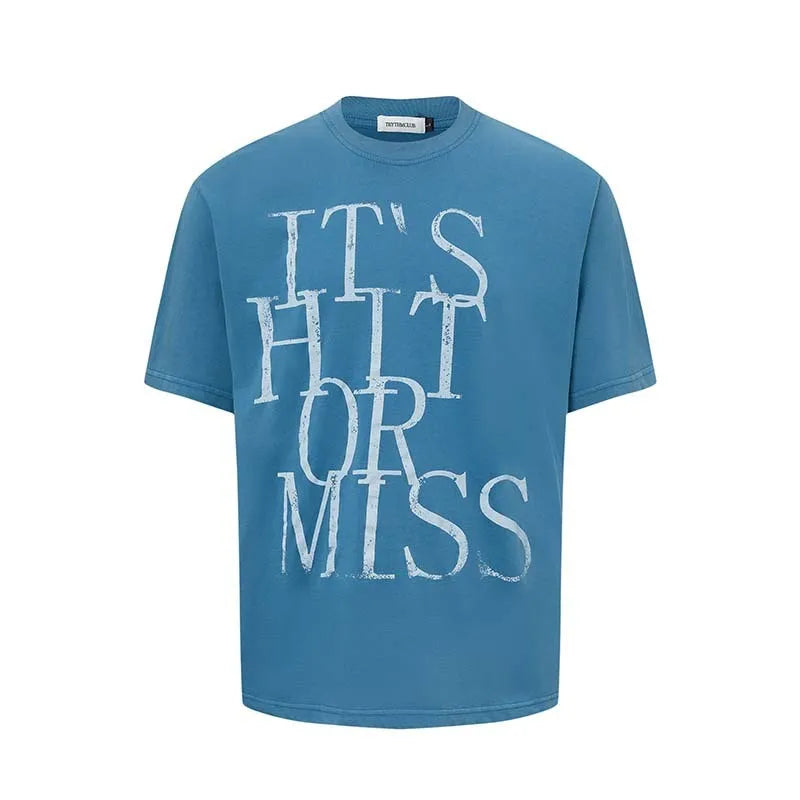 Men's blue American Retro letter print cotton blend loose fit T-shirt front view