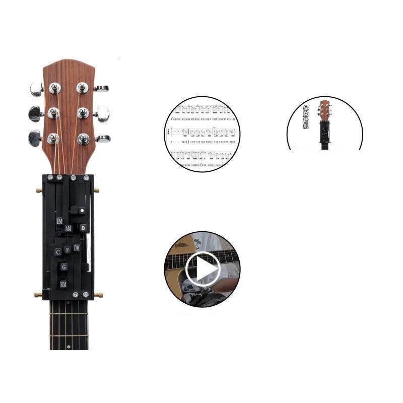 Black automatic chord device for folk guitar, showing the auxiliary gear mechanism for novice practice.