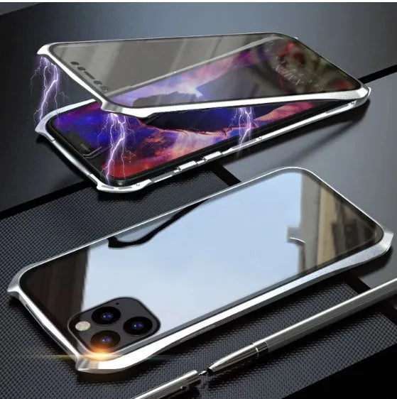 Metal magnetic protective cover for iPhone 11 series in black, blue, red, and silver colours