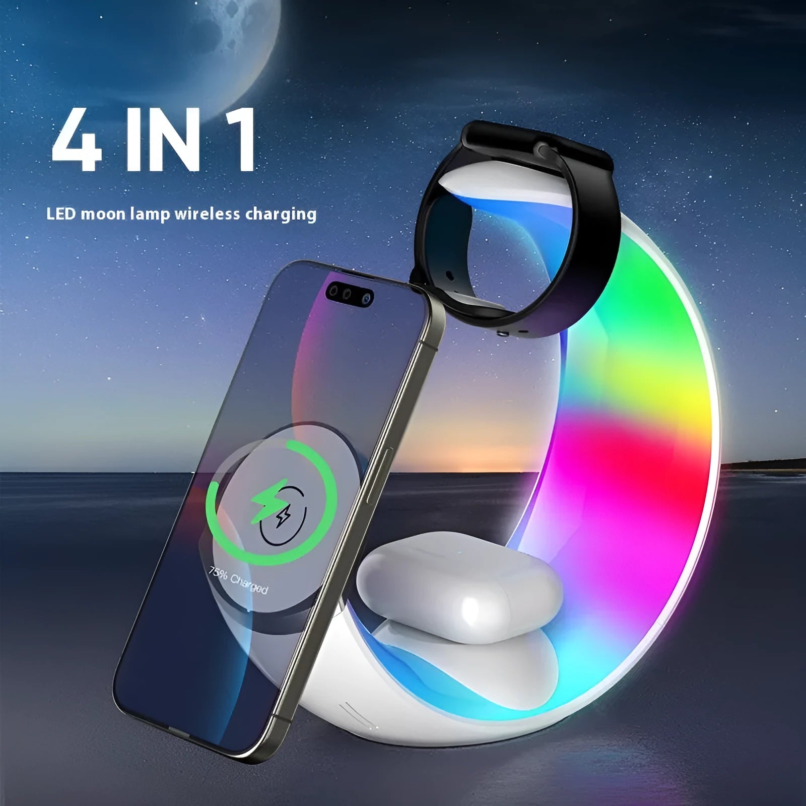 White wireless ambience light charger with Type-C connection showing bedside placement