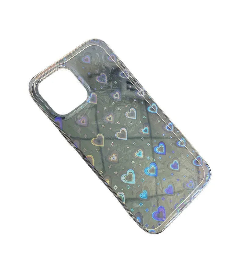 Transparent phone back cover with laser-etched colourful double love design, compatible with multiple iPhone models