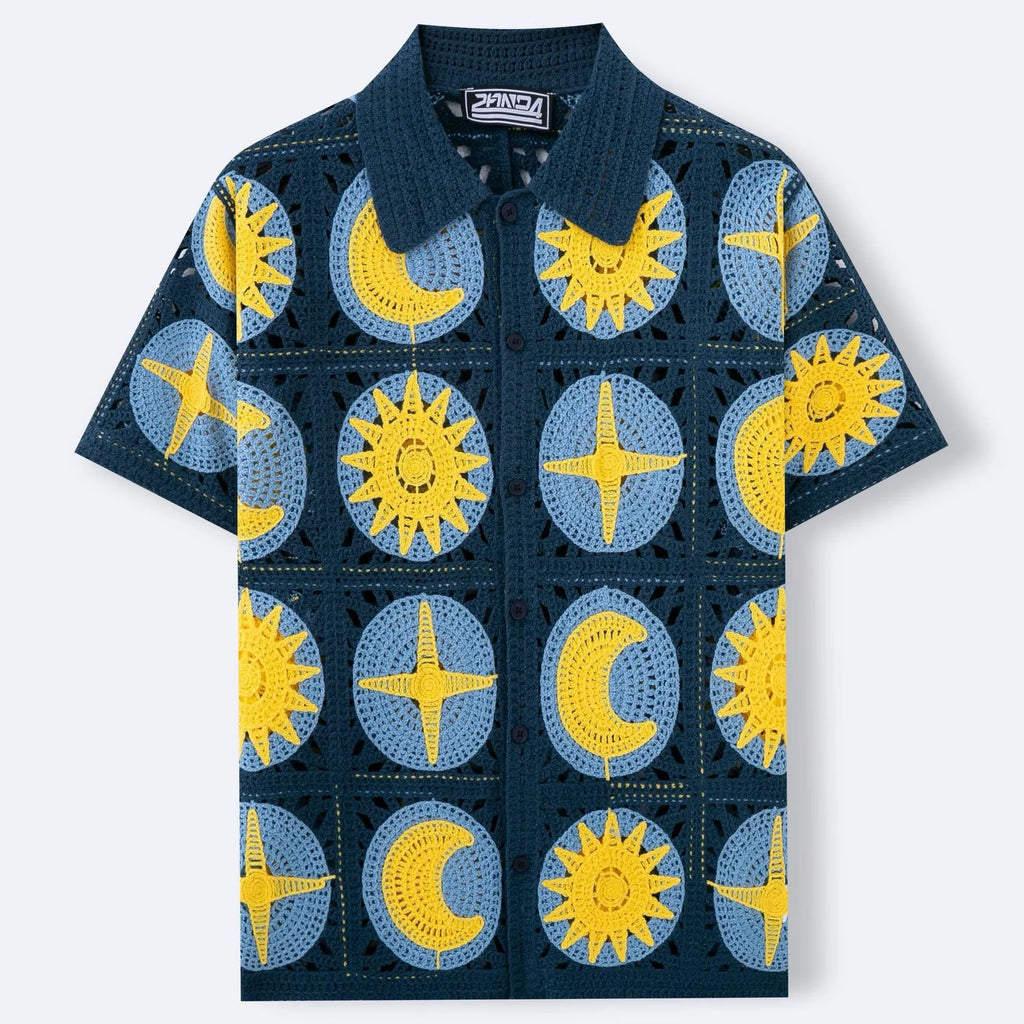 Men's navy blue summer cardigan with cartoon flocking pattern and short sleeves