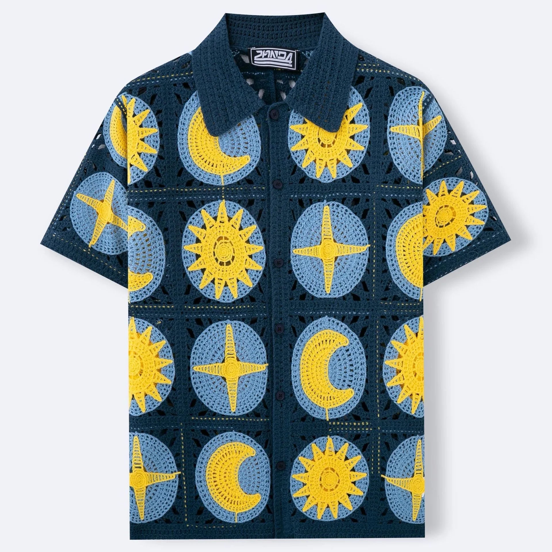 Men's navy blue summer cardigan with cartoon flocking pattern and short sleeves