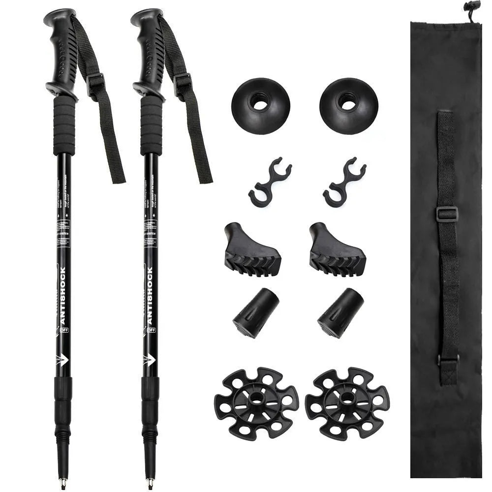 Aluminium alloy telescopic trekking poles with straight handles, adjustable from 65cm to 135cm, shown with mud supports and snow holders.