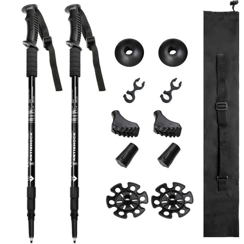 Aluminium alloy telescopic trekking poles with straight handles, adjustable from 65cm to 135cm, shown with mud supports and snow holders.