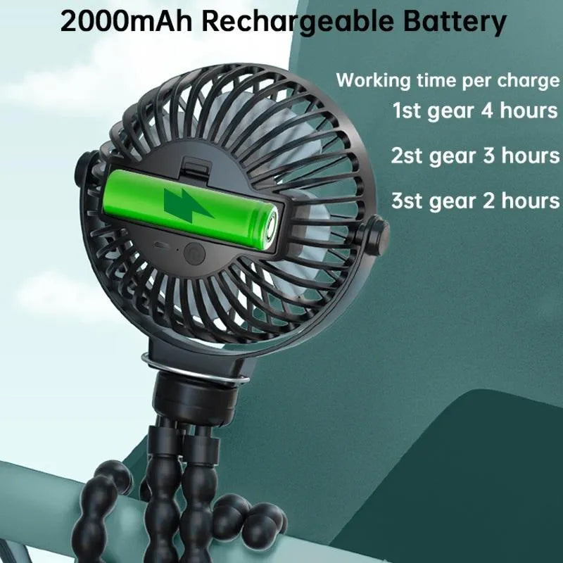 Black flexible tripod USB fan showing clip mechanism and 360° rotation capability