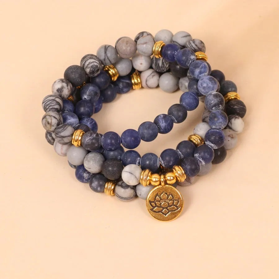 Blue patterned network stone beads on multi-layer alloy bracelet with fresh sweet natural style