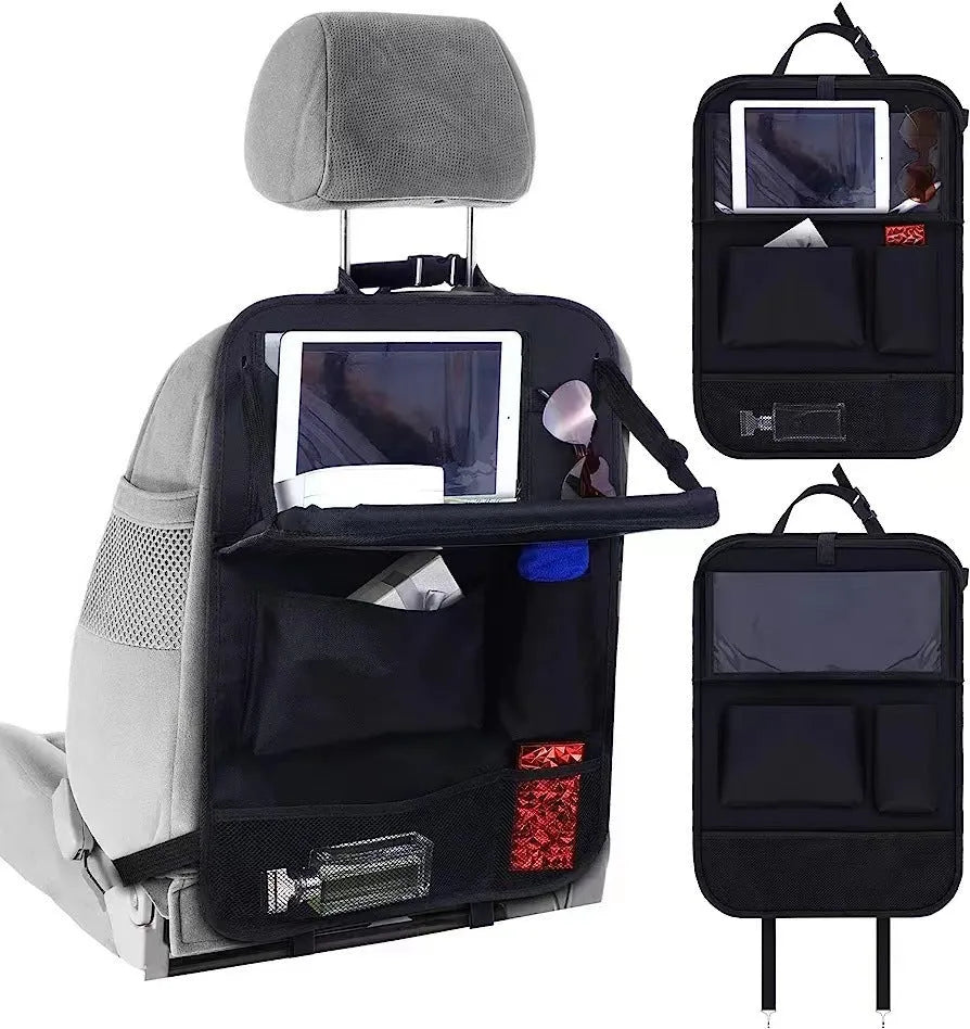 Black Oxford cloth car seat back storage bag with hanging design for vehicle organisation