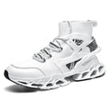 Men's high-top shock-absorbing running mesh sneaker in black with white sole, side view showing mesh upper and shaped heel