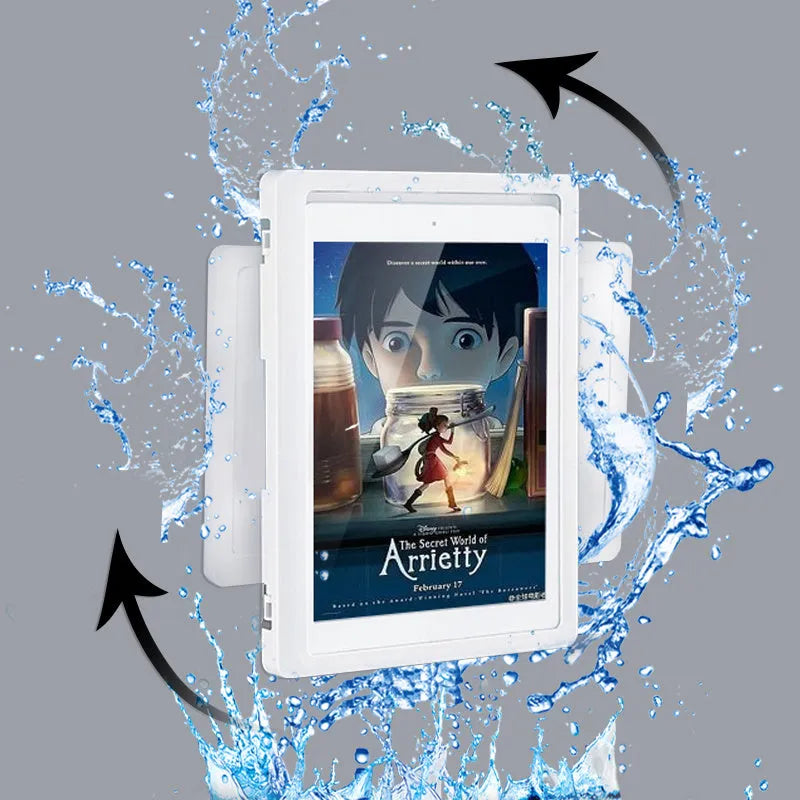 Waterproof plastic phone holder with touch screen mounted on bathroom tile