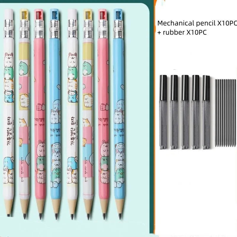 Cartoon-style plastic mechanical pencil for children with 2.0 mm thick lead, shown with spare lead cylinders.