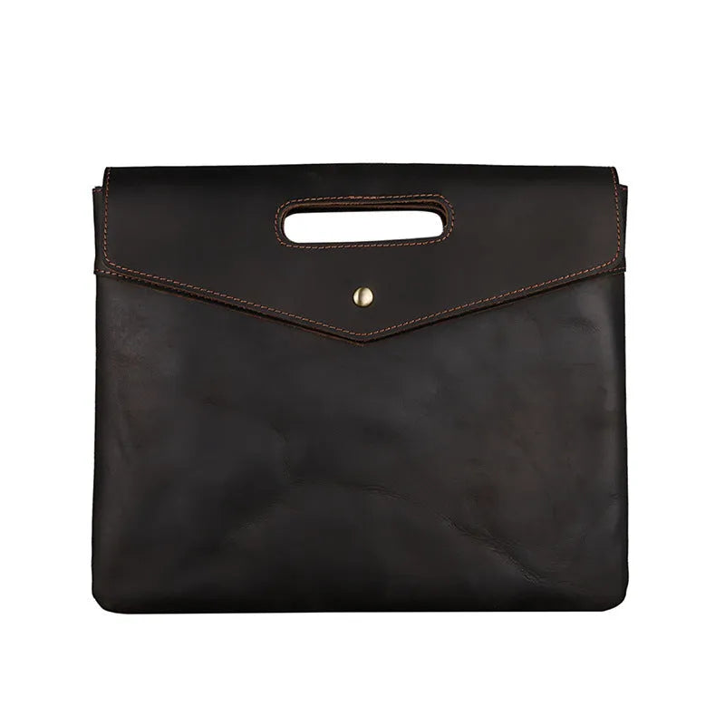 Genuine leather vintage business briefcase in brown envelope style with soft handle