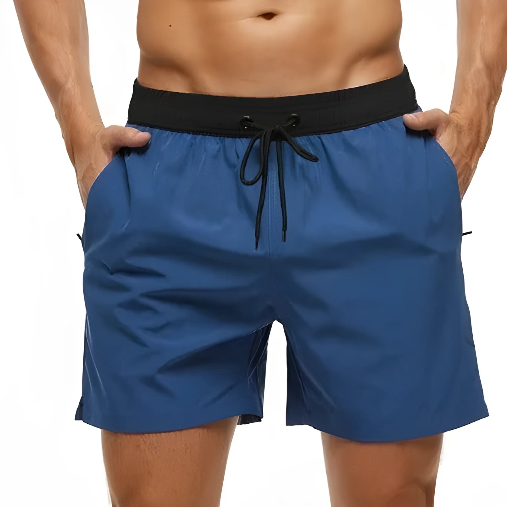 Men's blue athletic shorts with a stitched waistband, drawstring, and zippered side pocket.